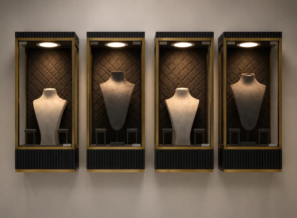 Black Design vitrininde ışıklandırılmış süet kolyelikler